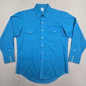 Vintage Malco Modes Pearl Snap Shirt Mens Large Blue Western Long Sleeve USA Mad